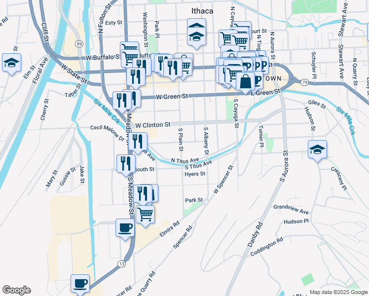 map of restaurants, bars, coffee shops, grocery stores, and more near 509 South Plain Street in Ithaca