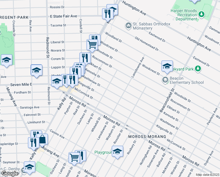map of restaurants, bars, coffee shops, grocery stores, and more near 18915 Washtenaw Street in Harper Woods