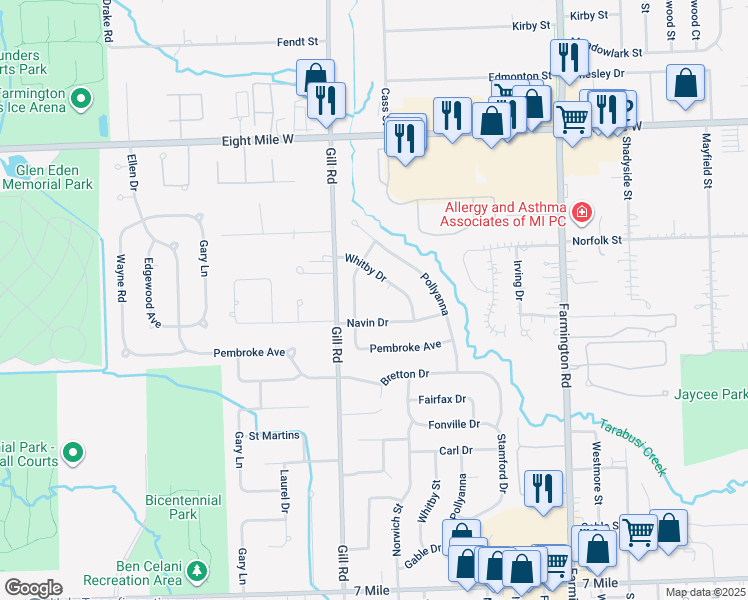 map of restaurants, bars, coffee shops, grocery stores, and more near 20157 Whitby Court in Livonia