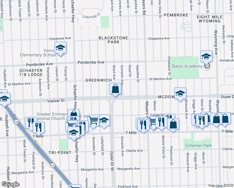map of restaurants, bars, coffee shops, grocery stores, and more near 4690 Outer Drive West in Detroit