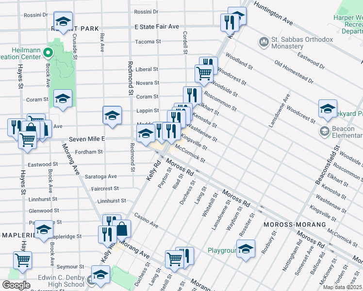 map of restaurants, bars, coffee shops, grocery stores, and more near 18541 McCormick Street in Detroit