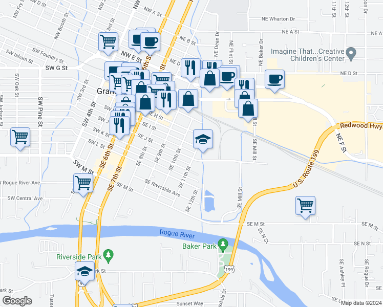 map of restaurants, bars, coffee shops, grocery stores, and more near 522 Southeast J Street in Grants Pass