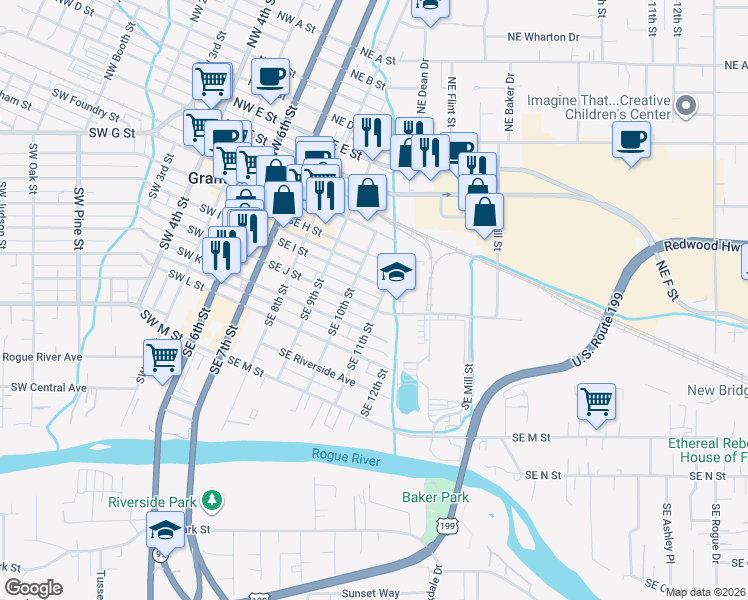 map of restaurants, bars, coffee shops, grocery stores, and more near 522 Southeast J Street in Grants Pass