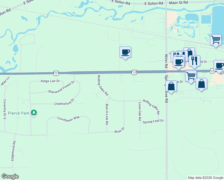 map of restaurants, bars, coffee shops, grocery stores, and more near 3012 Rolling Oaks Road in Spring Grove