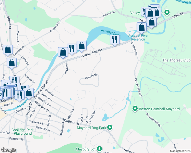 map of restaurants, bars, coffee shops, grocery stores, and more near 21 Deer Path in Maynard