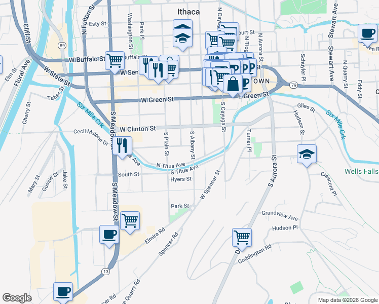 map of restaurants, bars, coffee shops, grocery stores, and more near 408 South Albany Street in Ithaca