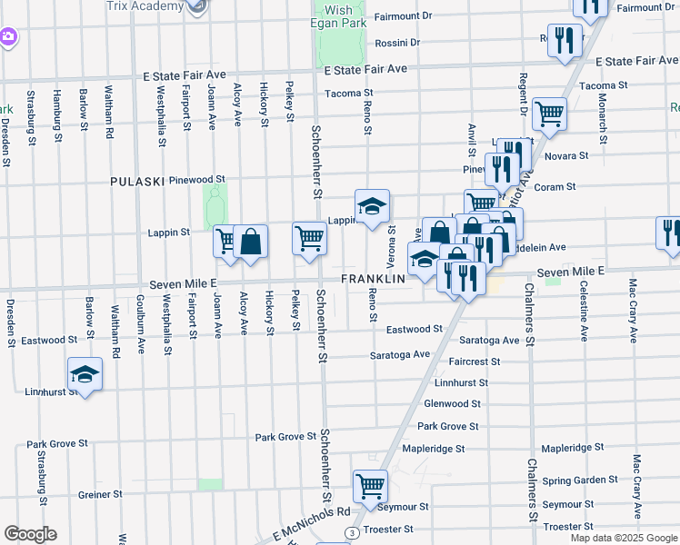 map of restaurants, bars, coffee shops, grocery stores, and more near in Detroit