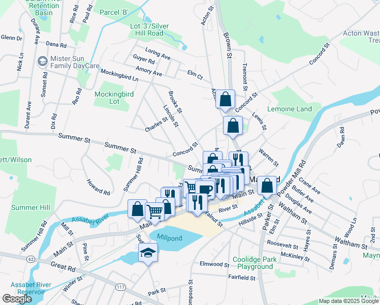 map of restaurants, bars, coffee shops, grocery stores, and more near 19 Concord Street in Maynard