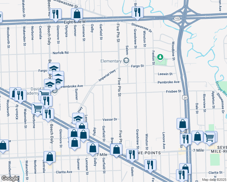 map of restaurants, bars, coffee shops, grocery stores, and more near 19617 Brady in Redford Charter Township