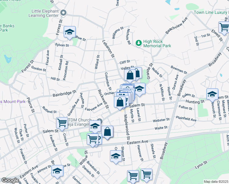 map of restaurants, bars, coffee shops, grocery stores, and more near 45 Orchard Street in Malden