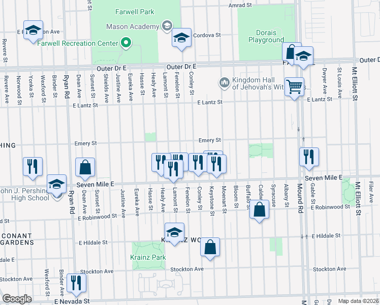 map of restaurants, bars, coffee shops, grocery stores, and more near 19208 Fenelon Street in Detroit
