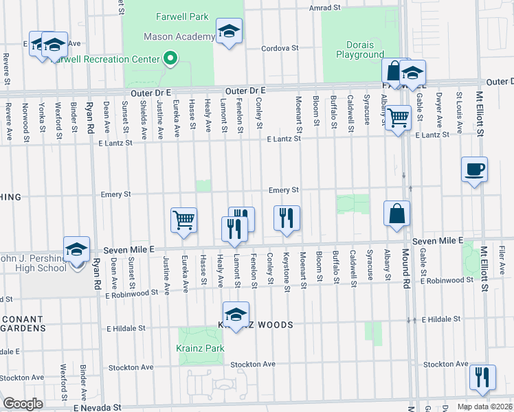 map of restaurants, bars, coffee shops, grocery stores, and more near 19208 Fenelon Street in Detroit