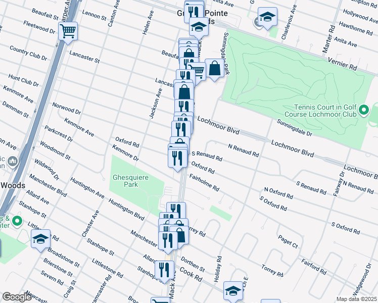 map of restaurants, bars, coffee shops, grocery stores, and more near 20176 Mack Avenue in Grosse Pointe Woods