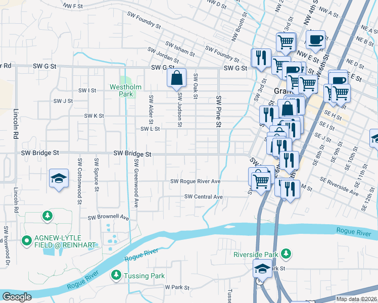 map of restaurants, bars, coffee shops, grocery stores, and more near 909 Southwest Bridge Street in Grants Pass