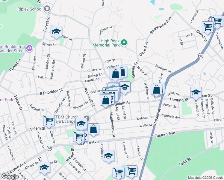 map of restaurants, bars, coffee shops, grocery stores, and more near 14 Orchard Street in Malden