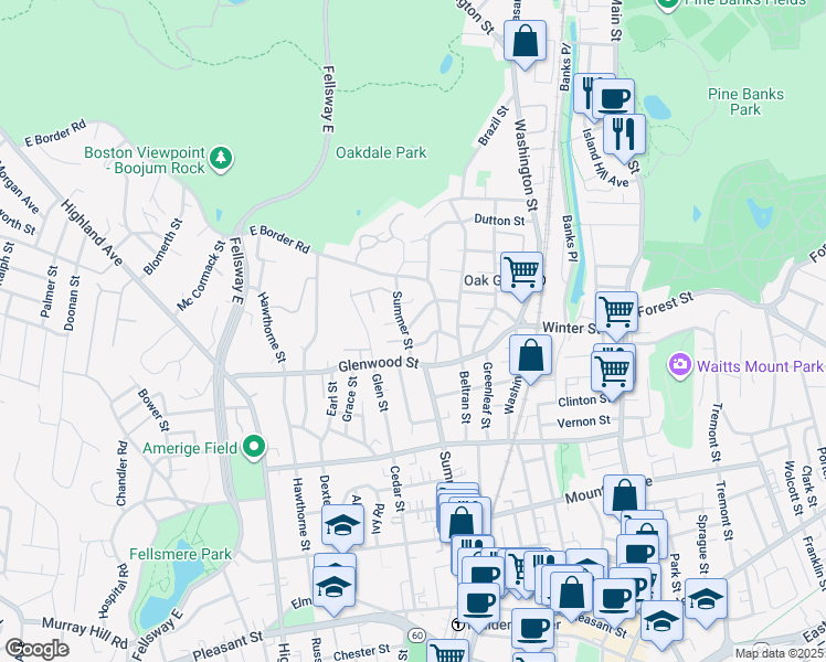 map of restaurants, bars, coffee shops, grocery stores, and more near 243 Summer Street in Malden