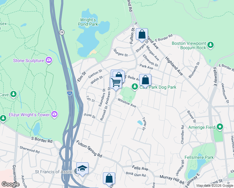map of restaurants, bars, coffee shops, grocery stores, and more near 39 Andrews Street in Medford