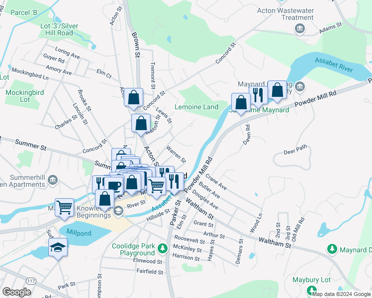 map of restaurants, bars, coffee shops, grocery stores, and more near 8 Colbert Avenue in Maynard