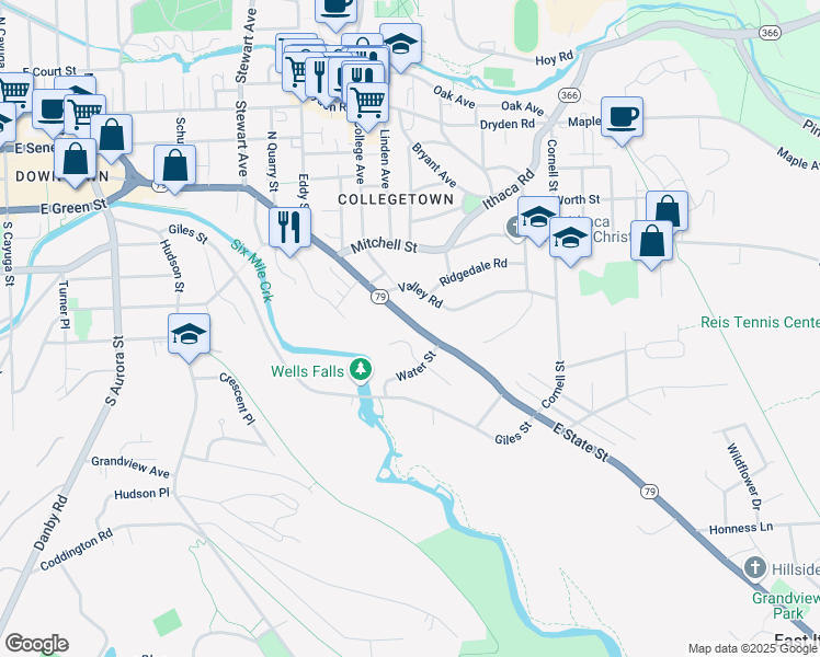 map of restaurants, bars, coffee shops, grocery stores, and more near 959-61 East State Street in Ithaca