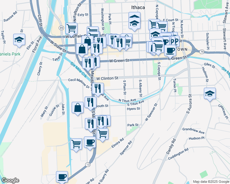 map of restaurants, bars, coffee shops, grocery stores, and more near 414 North Titus Avenue in Ithaca