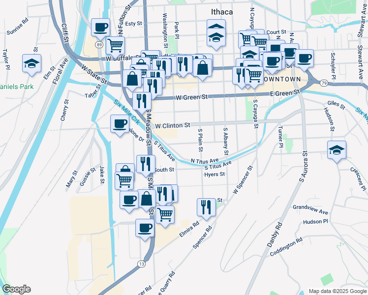 map of restaurants, bars, coffee shops, grocery stores, and more near 414 North Titus Avenue in Ithaca