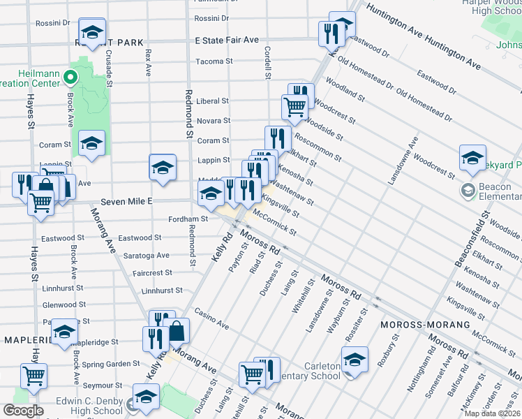 map of restaurants, bars, coffee shops, grocery stores, and more near 18541 McCormick Street in Detroit