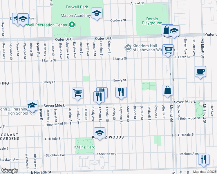 map of restaurants, bars, coffee shops, grocery stores, and more near 19208 Fenelon Street in Detroit