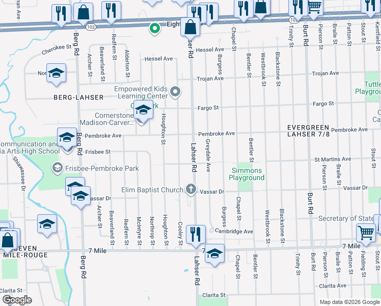 map of restaurants, bars, coffee shops, grocery stores, and more near 19725 Lahser Road in Detroit