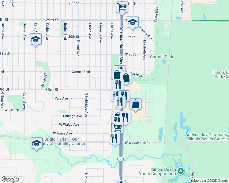 map of restaurants, bars, coffee shops, grocery stores, and more near 3315 Colgate Avenue in Zion