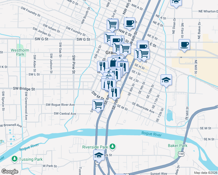 map of restaurants, bars, coffee shops, grocery stores, and more near 700 Southwest 6th Street in Grants Pass