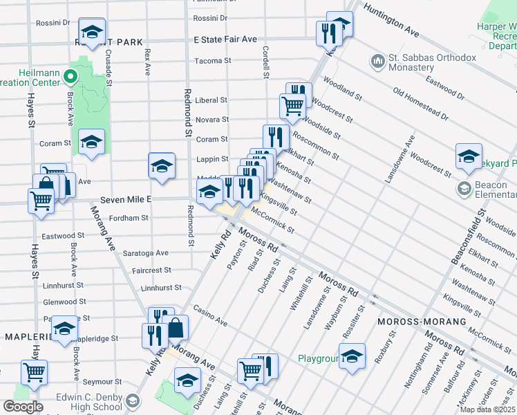 map of restaurants, bars, coffee shops, grocery stores, and more near 18541 McCormick Street in Detroit