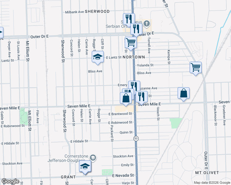 map of restaurants, bars, coffee shops, grocery stores, and more near 19165 Spencer Avenue in Detroit