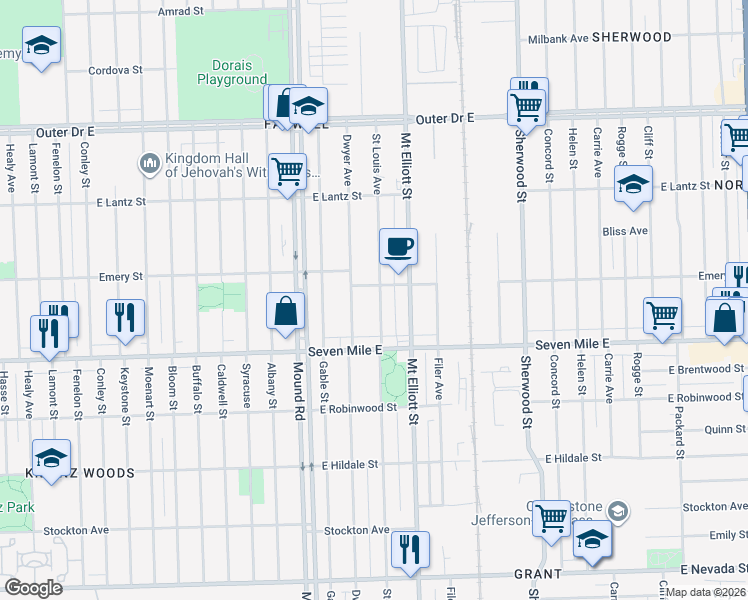 map of restaurants, bars, coffee shops, grocery stores, and more near 19194 Saint Louis Street in Detroit