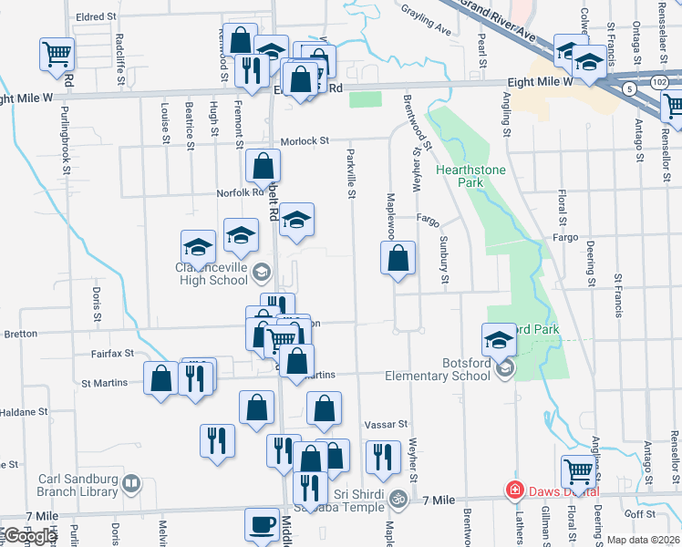 map of restaurants, bars, coffee shops, grocery stores, and more near 19907 Parkville Street in Livonia