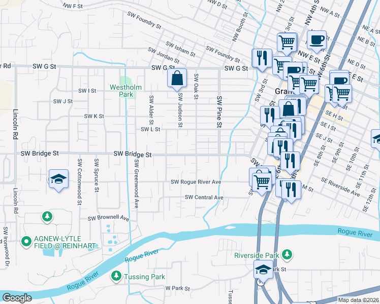 map of restaurants, bars, coffee shops, grocery stores, and more near 909 Southwest Bridge Street in Grants Pass