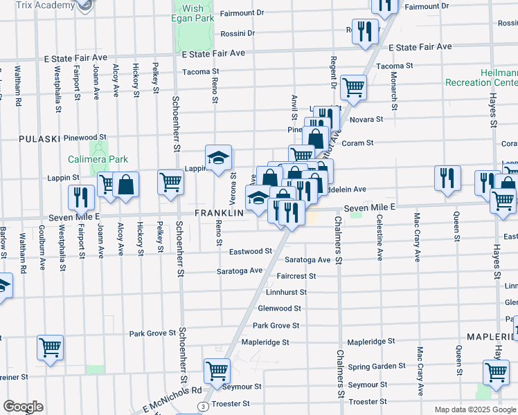 map of restaurants, bars, coffee shops, grocery stores, and more near 14120 Seven Mile East in Detroit