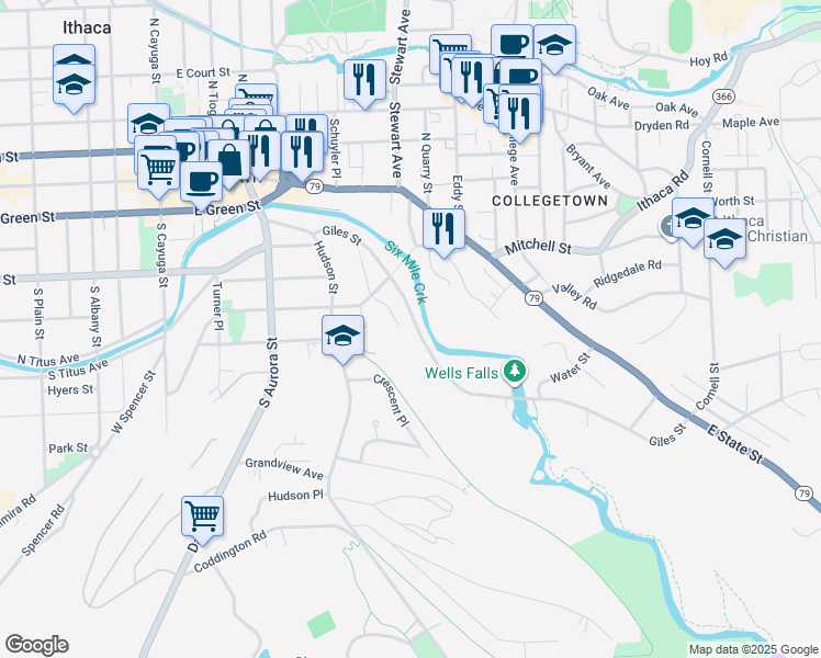 map of restaurants, bars, coffee shops, grocery stores, and more near 220 Giles Street in Ithaca