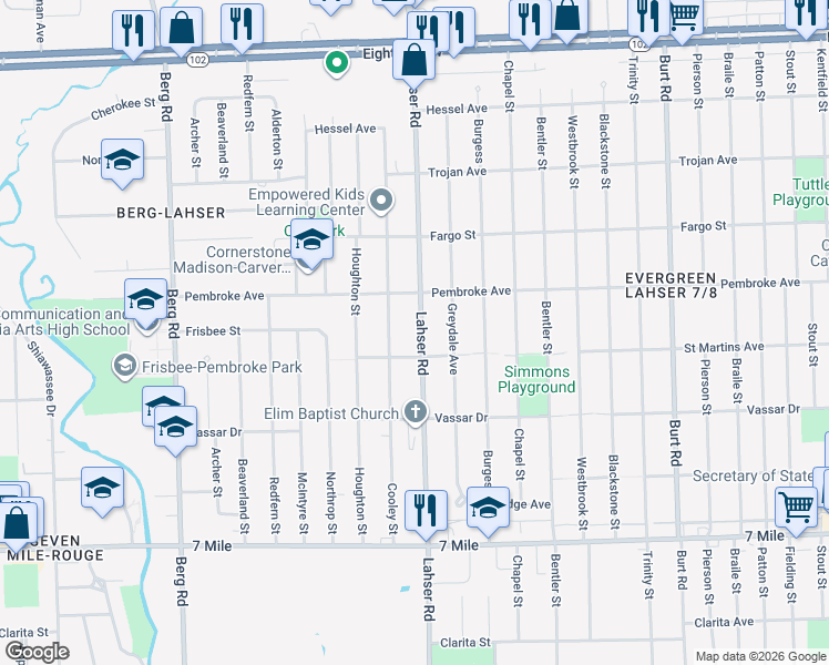 map of restaurants, bars, coffee shops, grocery stores, and more near 19725 Lahser Road in Detroit