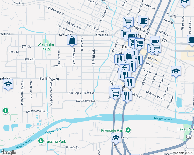 map of restaurants, bars, coffee shops, grocery stores, and more near 414 Southwest Bridge Street in Grants Pass