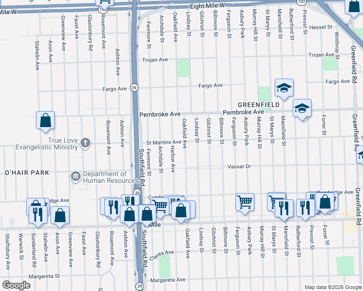map of restaurants, bars, coffee shops, grocery stores, and more near 19481 Oakfield Avenue in Detroit