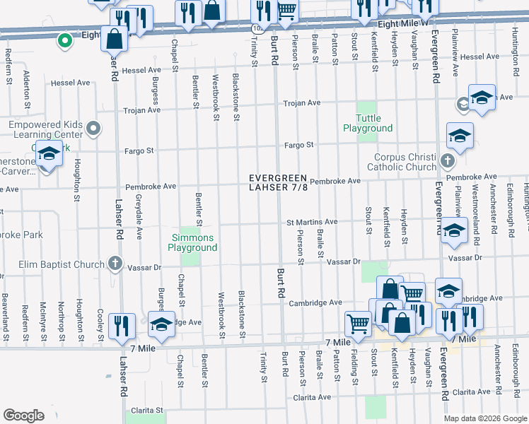 map of restaurants, bars, coffee shops, grocery stores, and more near 19710 Trinity Street in Detroit