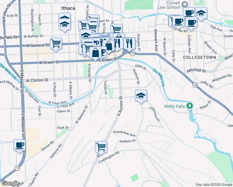 map of restaurants, bars, coffee shops, grocery stores, and more near 320 Hillview Place in Ithaca