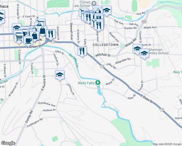 map of restaurants, bars, coffee shops, grocery stores, and more near 113-15 Valentine Place in Ithaca