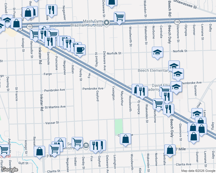 map of restaurants, bars, coffee shops, grocery stores, and more near 26605 Pembroke Avenue in Redford Charter Township
