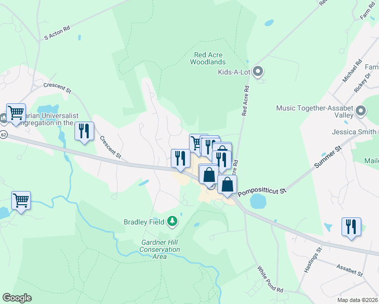 map of restaurants, bars, coffee shops, grocery stores, and more near 0 Samuel Prescott Drive in Stow