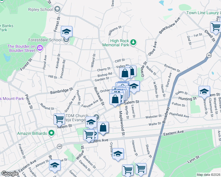 map of restaurants, bars, coffee shops, grocery stores, and more near 42 Orchard Street in Malden
