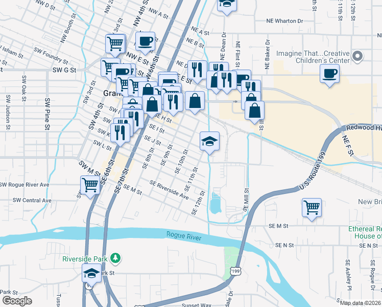 map of restaurants, bars, coffee shops, grocery stores, and more near 508 Southeast J Street in Grants Pass