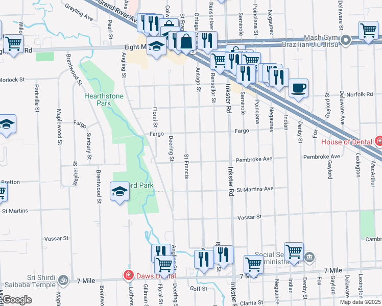 map of restaurants, bars, coffee shops, grocery stores, and more near 19954 Saint Francis in Livonia