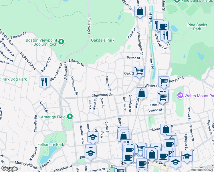 map of restaurants, bars, coffee shops, grocery stores, and more near 243 Summer Street in Malden