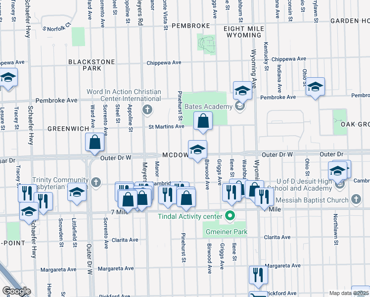 map of restaurants, bars, coffee shops, grocery stores, and more near 4268 Outer Drive West in Detroit